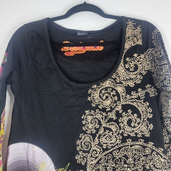 Desigual Long Sleeve Graphic Dress Large 90s Embroidered Floral Indie Sleeze - Picture 2 of 12